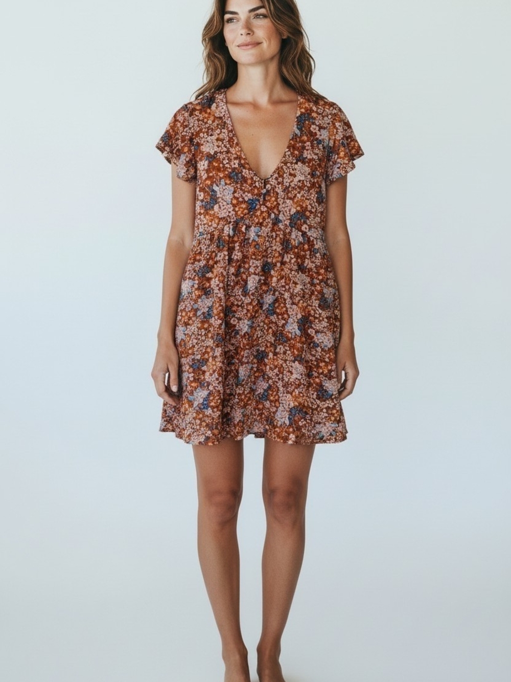 Steve Madden Rust Floral V-Neck Mini Dress with Blue Accents